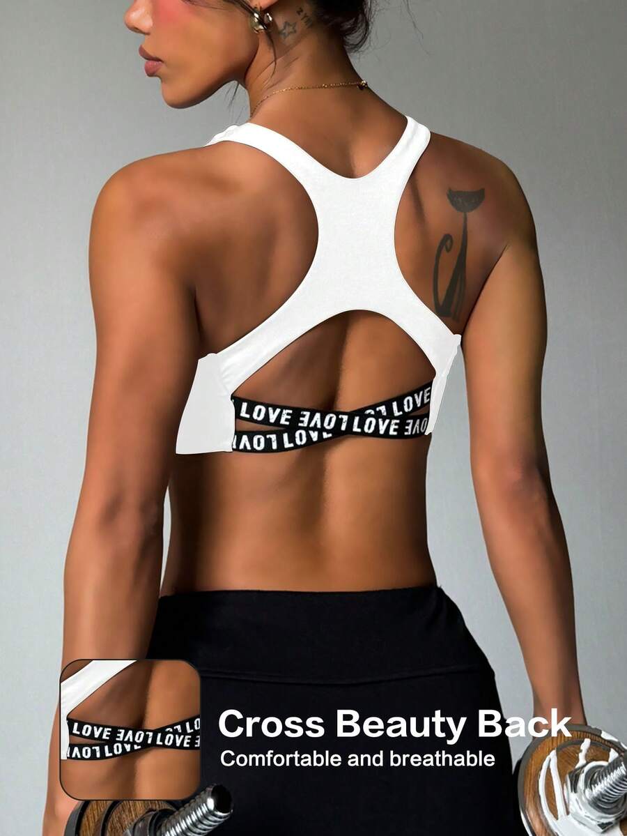 Women's Solid Color Removable Padded Hollow Back Letter Strap Elastic Sports Bra, Summer White Spring - White - View 1