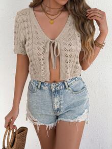 Women's Casual Vacation Sexy Hollow Lace-Up Knit Short Sleeve Cardigan Sunscreen Shirt, Spring/Summer - Khaki - View 3