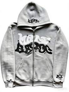 Y2K Retro Star And Letter Printed Zipper Hoodies,Spring Autumn Harajuku Y2K Women And Men Fashion Hip Hop Long Sleeve Hooded ,Avant-Garde - Street Casual Spring/Fall Loose Zipper Pocket Patched,Autumn And Winter Gothic Coat - 灰色 - 查看 1