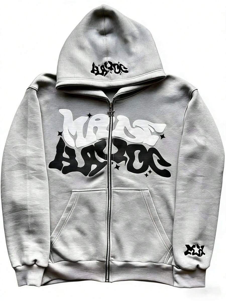 Y2K Retro Star And Letter Printed Zipper Hoodies,Spring Autumn Harajuku Y2K Women And Men Fashion Hip Hop Long Sleeve Hooded ,Avant-Garde - Street Casual Spring/Fall Loose Zipper Pocket Patched,Autumn And Winter Gothic Coat - 灰色 - 查看 1