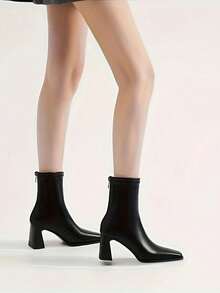 Women's Pointed Toe Side Zipper Anti-Slip Chunky Heel Ankle Boots, New Versatile Commuting Casual Fashion Solid Color High Heel Short Boots - Black - View 5