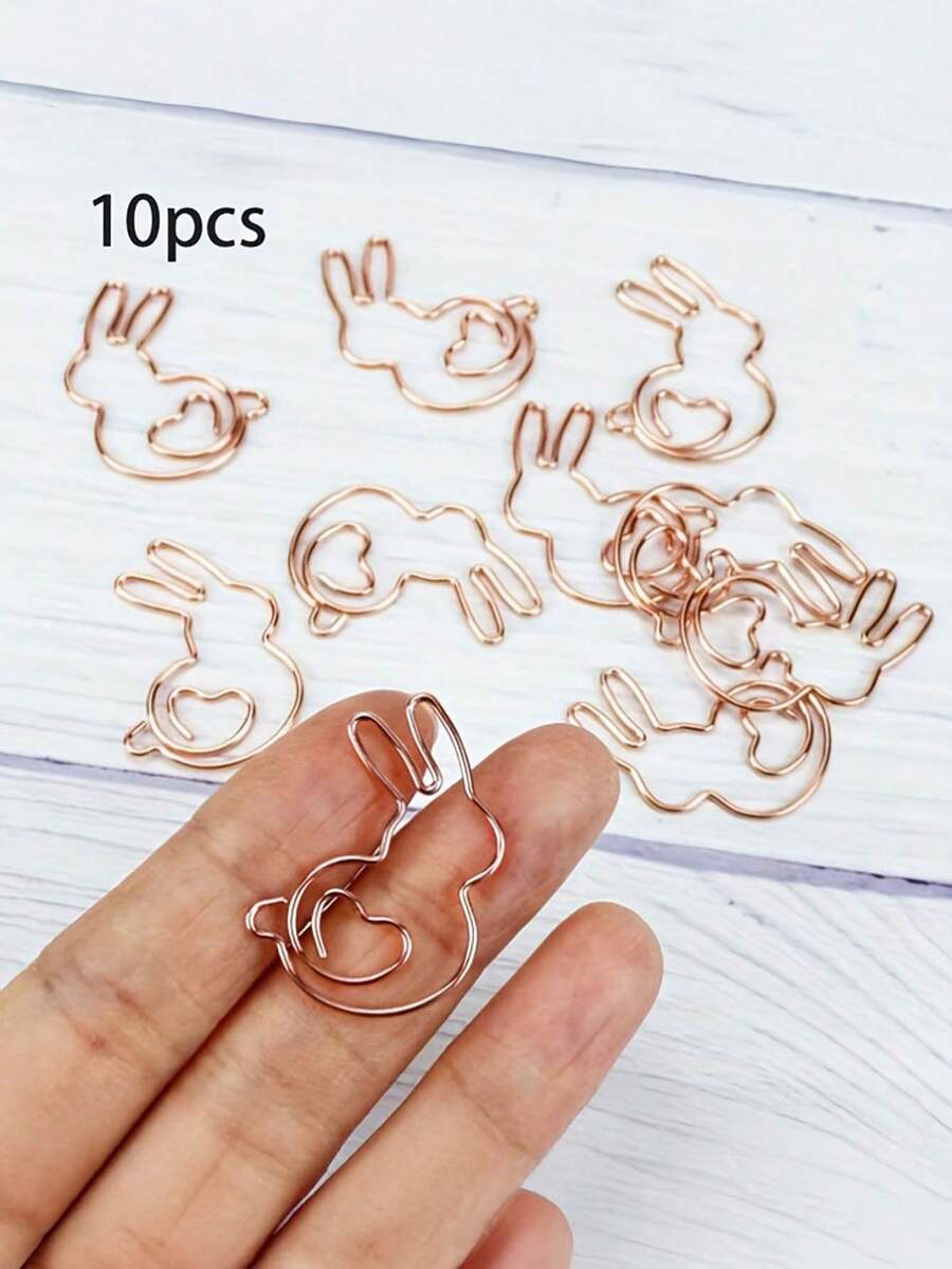 10个创意金属玫瑰金兔子造型回形针，可爱动物造型回形针，趣味书签，文具，独特办公用品
