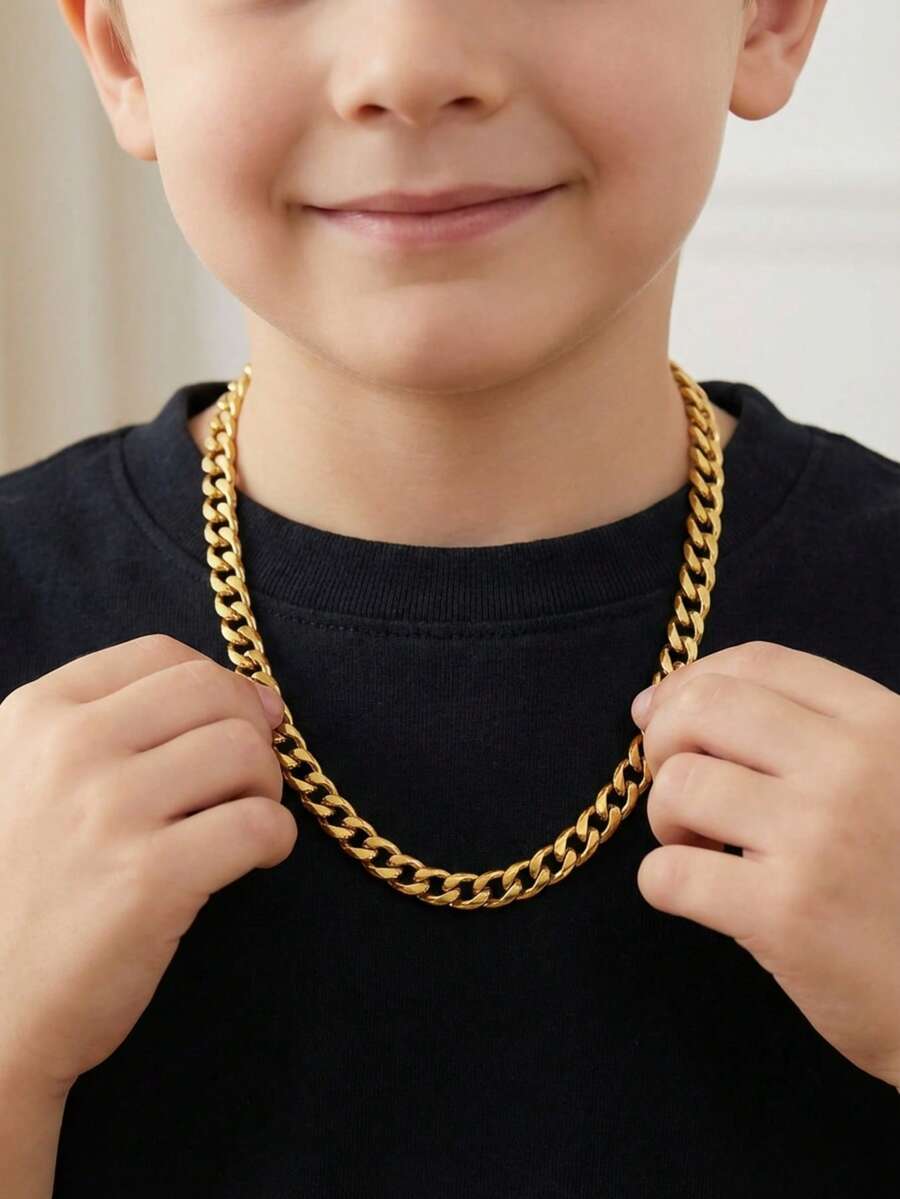 1pc Classic Vintage Gold Stainless Steel Chain Necklace, Party Hip-Hop Punk Style Jewelry Accessory, Gift For Friends - Gold - View 1