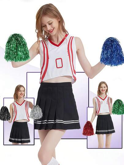 Cheerleading Holding Fluffy Ball Ribbon Pom Poms With Plastic Handles Lightweight Flower Ball Cheer Pomoms For Adults Girls Boys Cheerleader Cheer Dance Hand Flower Pom Pom For Basketball Gymnastics Competitions Team Spirit Sports Dance Cheer Stuff Dance Performance Props