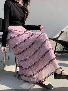 2022 Women's Spring High Waist Layered Lace Trim Mesh Patchwork A-Line Skirt - Mauve Purple - View 4