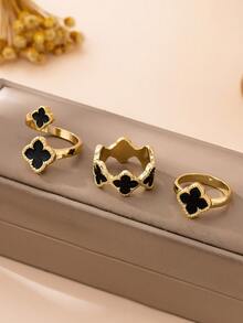 3pcs Alloy Flower Hollow Non-Fading Metal Plated Rings Set - Black - View 5