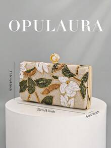 OpulAura 1件复古花卉手提包，时尚亮片刺绣花朵链条单肩包，迷你盒形钱包，适合派对女孩、新娘、新婚夫妇和上班族女性，可用于派对、婚礼、工作、商务旅行、户外活动和通勤。 - 杏色 - 查看 5