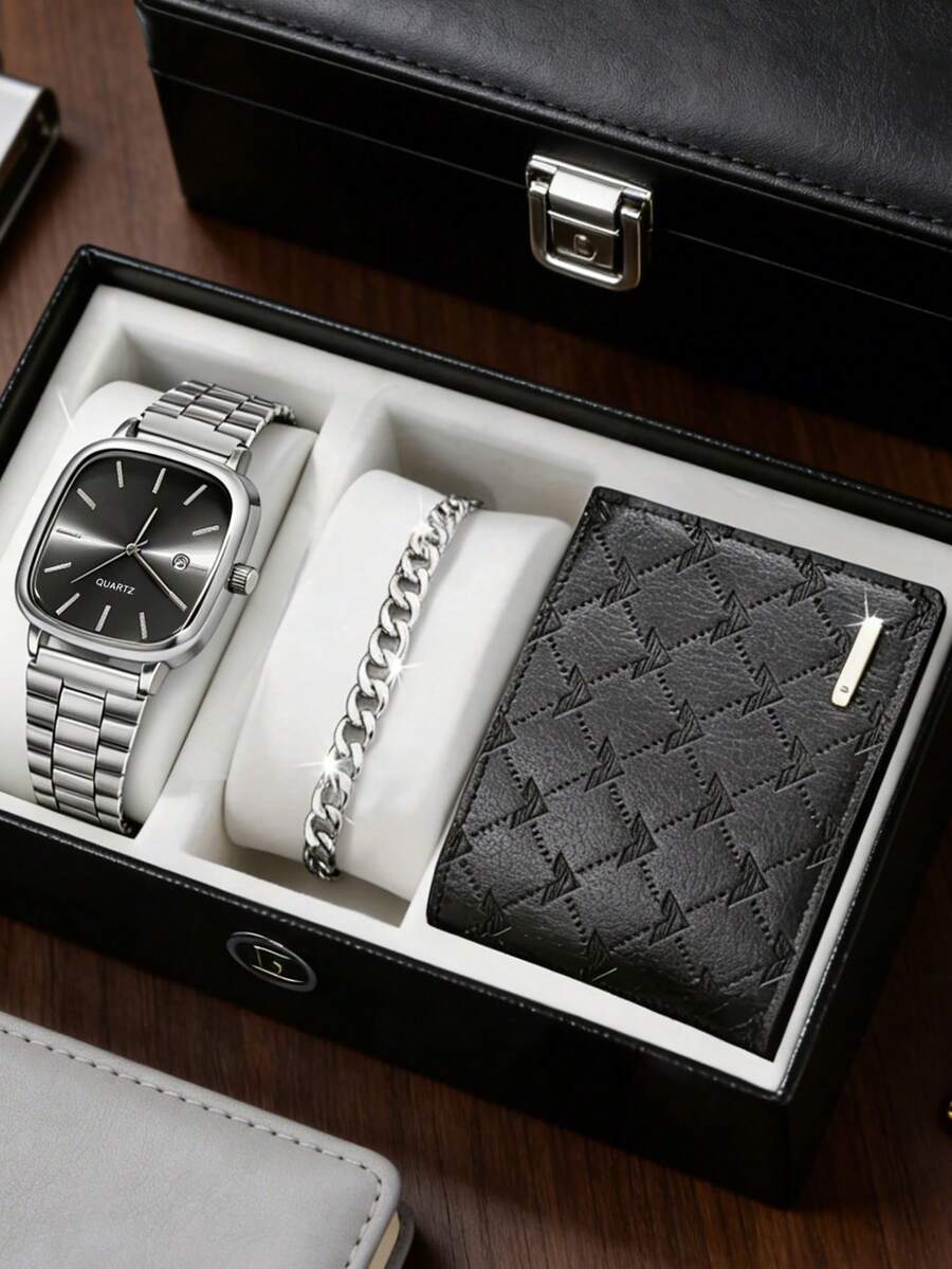 3-Piece Elegant Men's Silver Watch Set, Including 1 Square Black Dial Quartz Watch (Silver Metal Strap), 1 Silver Chain Bracelet, And 1 Black PU Leather Wallet. The Overall Style Is Steady And Graceful, Showcasing Fashionable Charm. - Silver - View 1