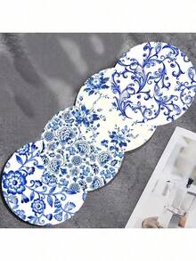 4pcs Colorful Printed Wooden Coasters - Coffee, Blue & White Floral Pattern, Suitable For Home Decor And Kitchen Use, Home Decor And Tabletop Protection Drink Mats - Perfect Holiday Gift Idea - Multicolor - View 4