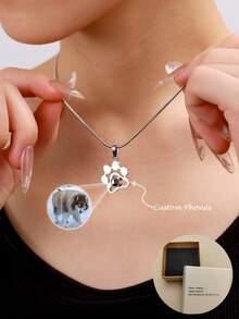 1pc Customized Pet Photo Dog Paw Projection Necklace, Minimalist Paw Print Photo Necklace, Pet Memorial Pendant, Christmas Gift, Mother's Day Gift, Gift For Her, Cat & Dog Fashion, Autumn , Minimalist, Casual, Cute Customized, Personalized - Multicolor - View 2