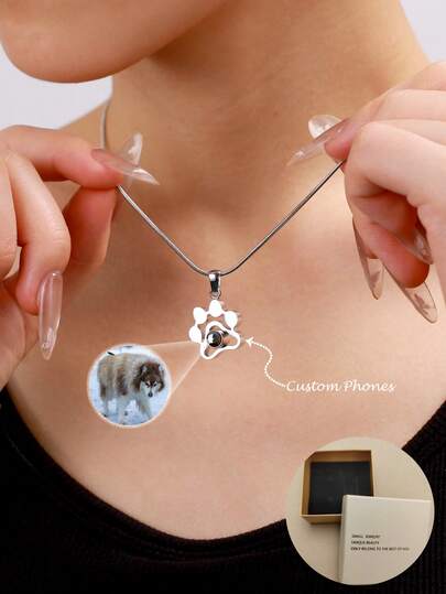 1pc Customized Pet Photo Dog Paw Projection Necklace, Minimalist Paw Print Photo Necklace, Pet Memorial Pendant, Christmas Gift, Mother's Day Gift, Gift For Her, Cat & Dog Fashion, Autumn , Minimalist, Casual, Cute Customized, Personalized