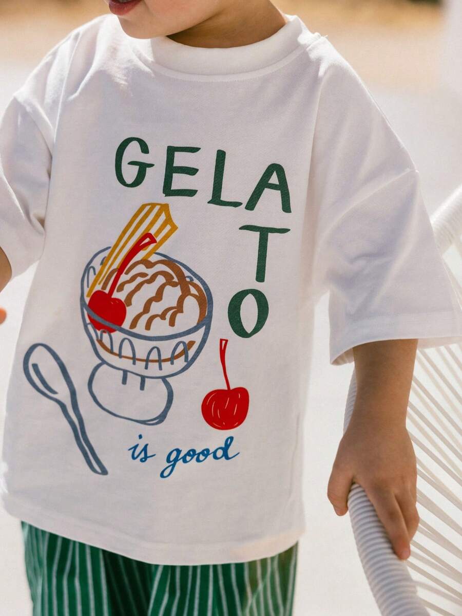 1pc Boys' Casual Noodle Print Round Neck Short Sleeve T-Shirt, Summer Student Young Children Clothing - White - View 1