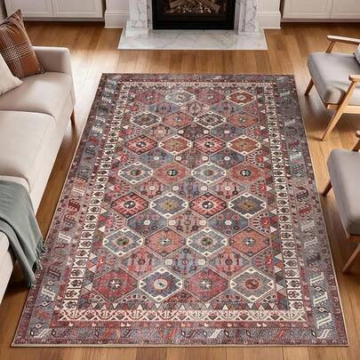 1pc Faux Wool Vintage Bohemian Style Carpet, Large Area Anti-Slip Rug For Home, Sofa, Coffee Table Decor
