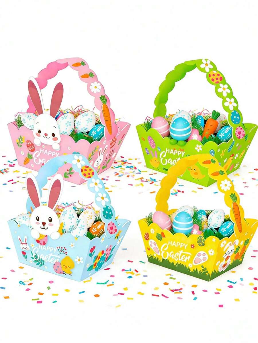 12pcs Easter Baskets, Bulk Easter Paper Baskets With Handles, Candy Cookie Gift Boxes For DIY, Egg Hunting, Birthday Party - Multicolor - View 1