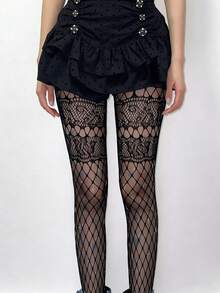 1双复古镂空高街哥特/Emo风渔网袜，性感Y2K坏女孩蕾丝拼接可爱打底裤，2件套分层/渔网灰色镂空+星星印花白色连裤袜，朋克摇滚风长袜，适合派对和庆典 - 彩色 - 查看 10