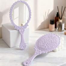 复古手持化妆镜 - 花卉蚀刻电镀梳妆镜，复古欧式图案便携式旅行镜，可放置于钱包或梳妆台上，玫瑰金INS风手镜，创意礼物，适合新娘、青少年和复古爱好者，是婚礼准备、卧室装饰的完美之选，也是母亲节和圣诞节的绝佳礼物，优雅手柄小巧化妆镜 - 多色 - 查看 23