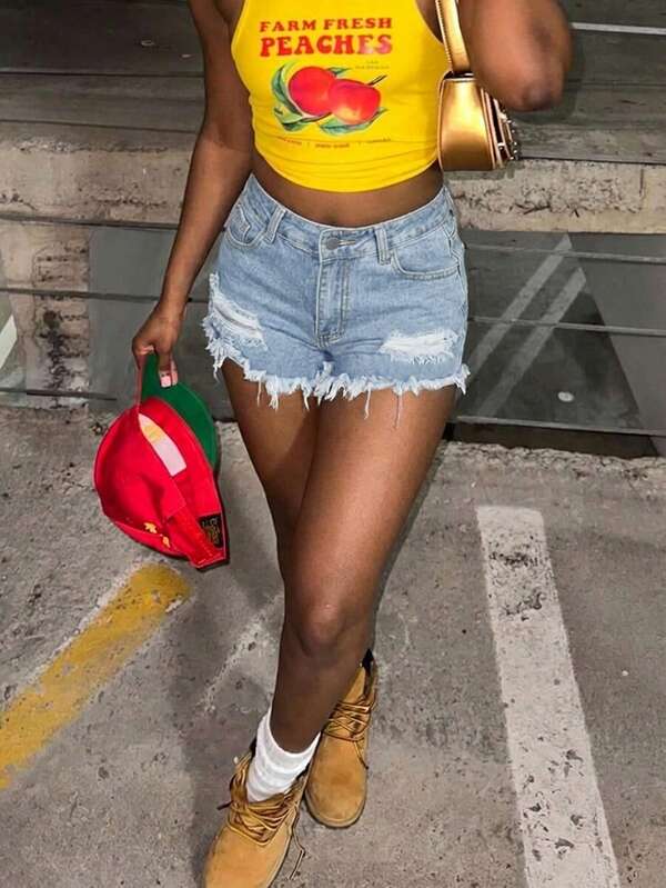 Ripped Denim Shorts - Women's Low Waist Washed Denim Jeans