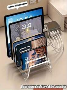 1 Euro Multifunctional Desktop Tablet And Phone Stand. Phone Holder, Tablet Storage Box, Practical Organizer, Multi-Tablet/ Holder, Electronics Storage Box, Desktop Phone Charging Stand, Stand, Transparent Partition, Acrylic Material, Convenient Storage, Large Capacity, Stable Base, Wall-Mounted, Desktop Divider For Electronic Devices - Keep Your Home And Office Clean And Tidy, Provide A Stable Base, An Excellent Gift For Parents, Relatives, Friends And Colleagues. - View 2