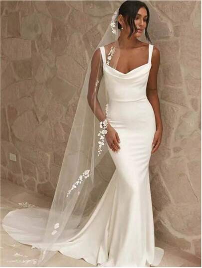 Minimalist Bridal Wedding Lace Single Layer Long Veil With Hair Comb, Asymmetric Floral Veil Suitable For Church, Outdoor, Travel Photography