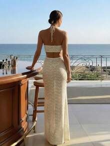 Women's Halter Neck Cutout Mermaid Maxi Dress - Elegant Knit Leaf Pattern Evening Gown For Beach Vacation & Formal Events,Holiday Outfits For Women - Apricot - View 2