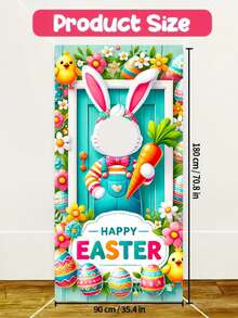 1pc Easter Theme Photography Backdrop - Colorful Rabbit Paper Cutting, Chicks, Easter Eggs, Floral And "Happy Easter" Printed Photography Backdrop, Joyful Cartoon Easter Holiday Style Polyester Photography Backdrop, Rectangular, With Rabbit Paper Cutting Design And Vibrant Pattern Details - Multicolor - View 10