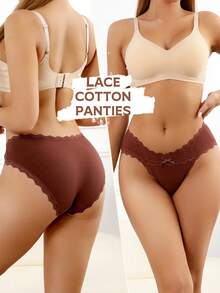 5条装女士纯棉全包臀三角裤，低腰三角裤，比基尼款式，柔软蕾丝边，性感三角裤，尺码S-XXL - 彩色 - 查看 2