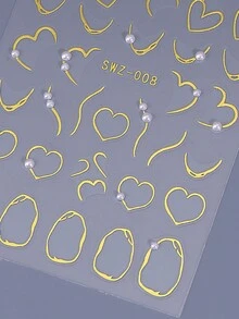 3D金色爱心珍珠美甲贴纸2片装金属镂空不对称甜心法式条纹线条饰品情人节美甲贴片女士女孩礼物DIY全息浪漫时尚婚礼节日自粘贴纸滑动美甲装饰用品 - 彩色 - 查看 7