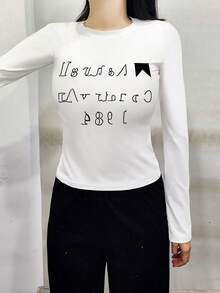 Round Neck Long Sleeve T-Shirt American Hot Girl, Spring And Autumn New Letter Print, Women's Short Slim Fit Top - White - View 2
