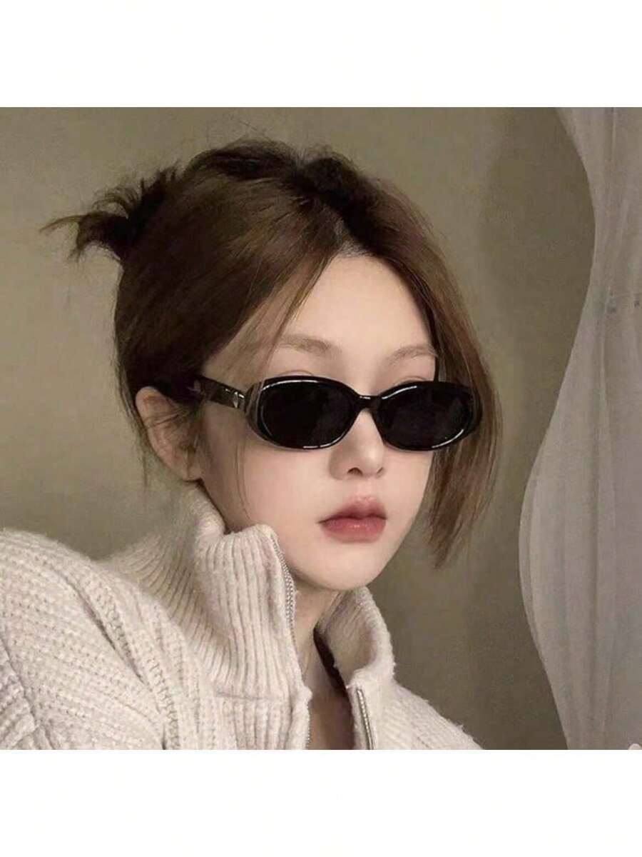 1pc Retro Oval Frame Fashion Glasses, & Cool, PC Material Anti-Wind Premium Oval Fashion Glasses, Stylish Social Media Influencer Glasses - Black - View 1