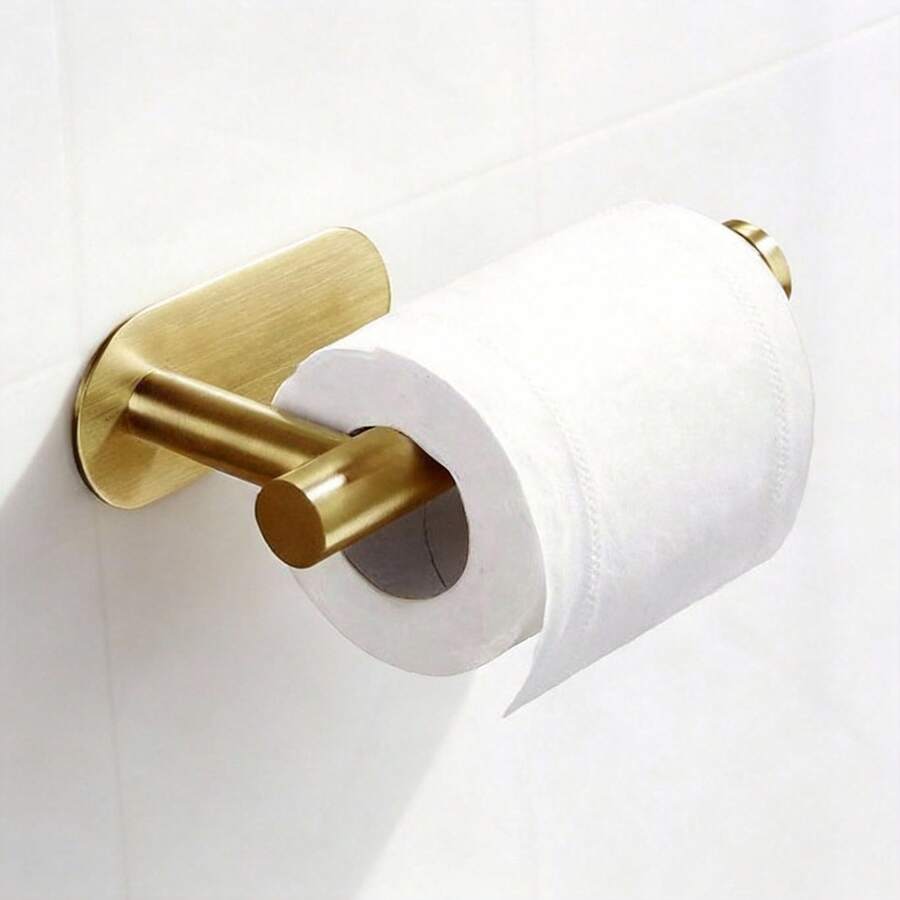 304 Stainless Steel Self-Adhesive Toilet Paper Holder – Rustproof & Waterproof, No-Drilling Installation, Strong Adhesive Holds 2.5kg, Anti-Roll Knob Design, Modern Bathroom Tissue Holder – Wall Mount - Brushed Gold - 查看 1