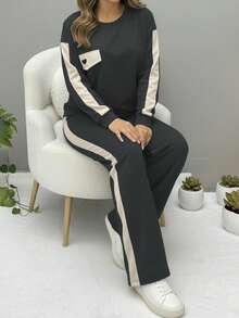 2pcs/Set Women Casual Round Neck Heart Pattern Long Sleeve Top And Pants Suit, Autumn/Winter Spring - Gray 88 - View 4