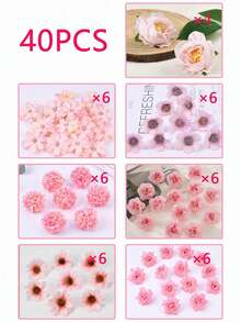 40朵粉色迷你仿真花头，丝绸仿真梅花、牡丹、玫瑰、雏菊花头，DIY花环、蛋糕、婚礼、派对、毕业典礼、帽子、鞋子、花瓶装饰、生日礼物