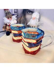 1pc Handpainted Glass Book-Shaped Coffee Mug, Unique Stacked Book Coffee Cup - Multicolor - View 6