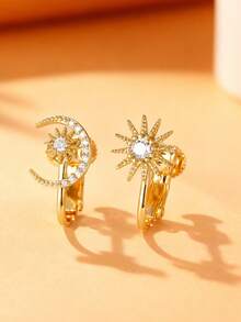 1 Pair Fashionable Minimalist Star & Moon Clip-On Earrings, Suitable For Women's Daily Wear, Holiday Parties - Yellow - View 1