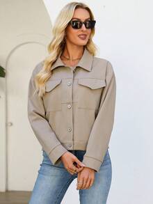 女士短款衬衫式外套，正面带纽扣口袋，翻领长袖，略带弹力梭织面料 - 卡其色 - 查看 6