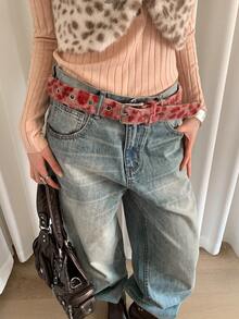 1pc Red & Pink PU Material American Chic Style Belt For Women To Pair With Jeans