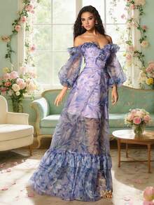 VIPGIRL 新款蓝色灯笼袖露肩印花优雅高端网纱女士晚礼服 - 紫色 - 查看 7
