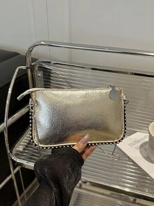 女士串珠链条斜挎包，复古彩色激光全息金属信封手拿包，适合派对 - 銀色 - 查看 7