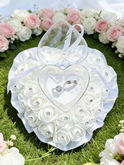 White Heart Shape Rhinestone Wedding Ring Pillow,Ring Bearer Holder Pillows Crystal Rose Lace Cushion For Wedding Party Anniversary Valentine's Day Ceromony