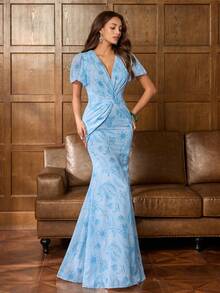 Faeriesty 优雅女士深V领碎花连衣裙：修身无袖连衣裙，饰有蕾丝边，露背设计，飘逸A字裙摆，轻盈弹力面料——完美适用于海滩婚礼、教堂婚礼、复古新娘写真、私密闺房照、正式家庭聚会等春季场合。 - 藍色 - 查看 1