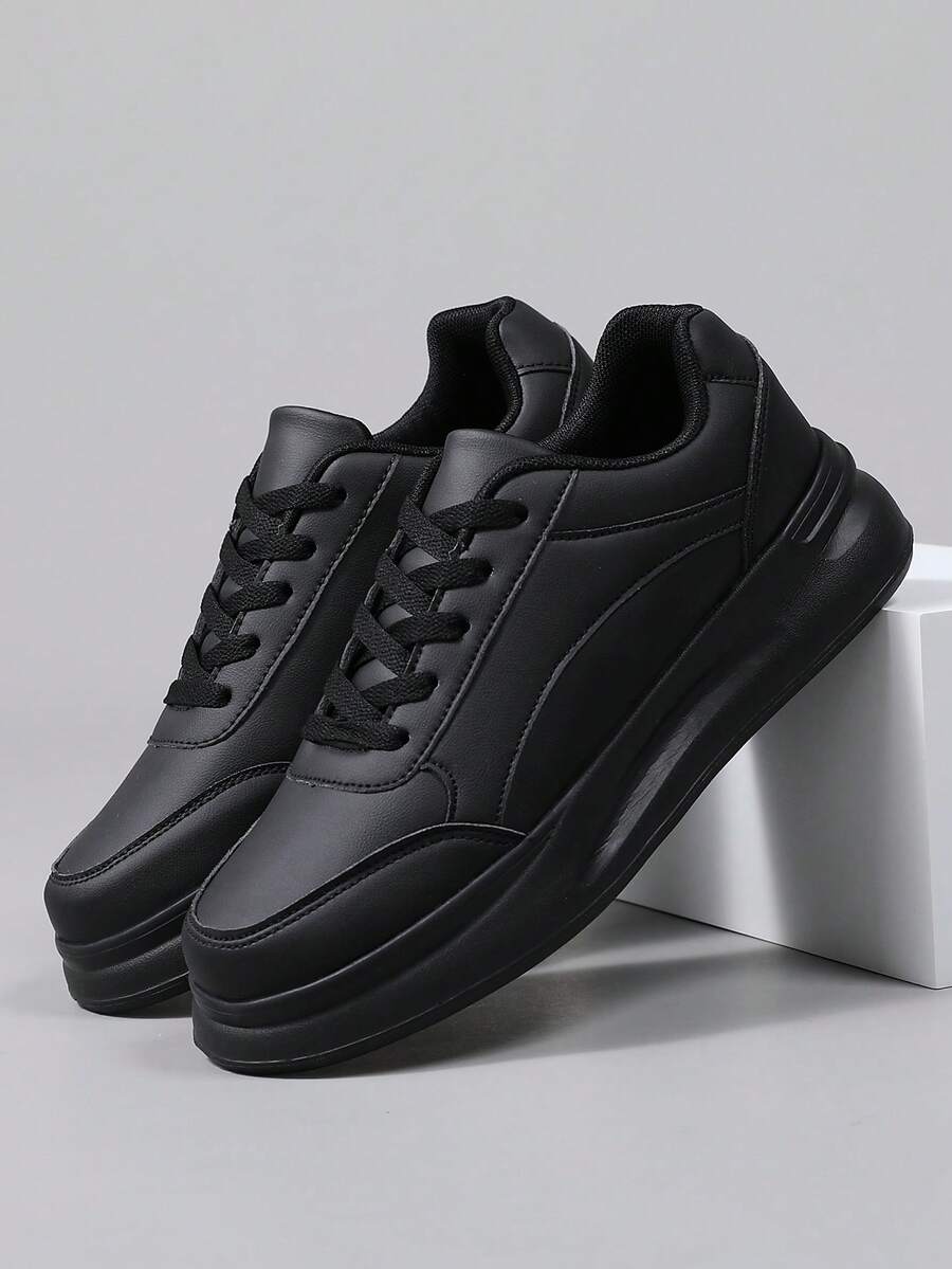 36-45码男女通用厚底系带休闲运动鞋，白色，多功能软底学生滑板鞋，防滑耐穿 - 黑色 - 查看 1