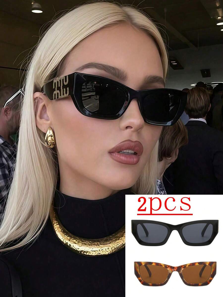 2副黑色和玳瑁色超大多边形猫眼时尚眼镜，玳瑁复古时尚眼镜，凹面镜片时尚眼镜，欧美风格，个性化女士时尚眼镜，户外旅行沙滩配饰