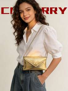 Damen Sommer Gold Clutch Tasche, Metall Kette Schultergurt, Klappe elegante minimalistische Umschlagtasche, neue Umhängetasche, geeignet für Einkaufen, Dates, Pendeln, Handy und Münzen halten, Strandurlaub, Casual elegante Clutch, Abendparty Mini Quadrat Tasche - Gold - Übersicht 3