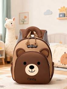 1pc Mini Casual Multipurpose Black & Brown Backpack With Cute Cartoon Bear Print And Nylon Zipper Closure. This Latin Dance And Fitness Backpack Is Customizable. Custom Packaging Can Add Personal Name Or Holiday Greetings. Customizable With Name, Letter, Lucky Number, Etc. Suitable For Travel, Outings, Dancing, Workout, Birthday Gift, Souvenir Bag, Back To School, Christmas And New Year. - Brown - View 4