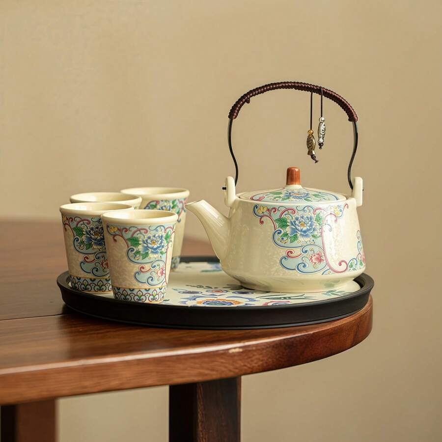 1pc/6pcs Shiny Gold & Silver Peony Handle Teapot With 4 Cups, Chinese Style Gongfu Tea Set - Multicolor - View 1