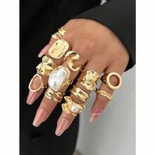 14/12/3pcs Set Asymmetrical Shaped Faux Pearl Flower, Geometric, Liquid, Round, Hollow, Multilayer Metal Textured Rings, Oversized, Chunky, Fashionable, Elegant, Vintage, Suitable For Holiday, Party, Date, Gift, Daily Wear - 黃金 - 查看 2