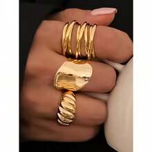 14/12/3pcs Set Asymmetrical Shaped Faux Pearl Flower, Geometric, Liquid, Round, Hollow, Multilayer Metal Textured Rings, Oversized, Chunky, Fashionable, Elegant, Vintage, Suitable For Holiday, Party, Date, Gift, Daily Wear - 黃金 - 查看 13