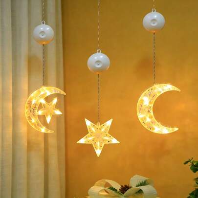 1pc LED Moon & Star Suction Cup Light, Moon Embracing Star Suction Cup Light, LED Indoor String Lights, Christmas Window Decor Lights, Suction Cup Moon & Star Lamp, Curtain Decor Lights, Holiday Atmosphere Lights, Battery Powered LED Outline Lamp, Realistic Star & Moon, Hanging Christmas Decor, Suitable For Christmas, Halloween