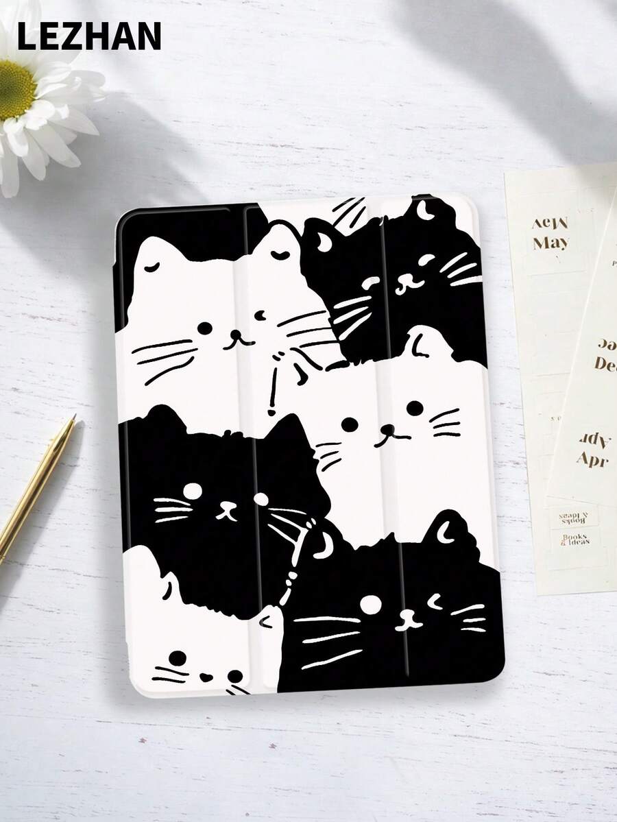 1 件装黑白不对称猫咪设计平板电脑保护套，带笔槽，防震，三折支架，兼容 iPad 10.2 英寸、iPad Pro 11 英寸（2021/2020/第十代）、iPad (A16) 11 英寸（第十一代，2025）、iPad 第八/九/十代、Galaxy Tab A8 10.5 英寸（2022）、Matepad 10.4 英寸/Tab，情人节浪漫礼物