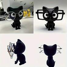 3D Printed Cute Black Cat Eyeglasses Frame - (Glasses Not Included) Sturdy Plastic Eyeglass Holder, Sitting Cat Design, Super Adorable Desktop Storage, Suitable For Home, Office Or Gifts - Black - View 2